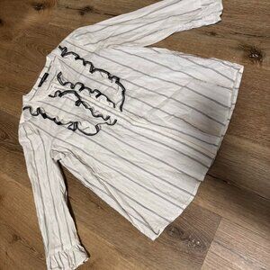 Karl Lagerfeld Paris White & Black Striped Blouse with Ruffle Bodice Size S